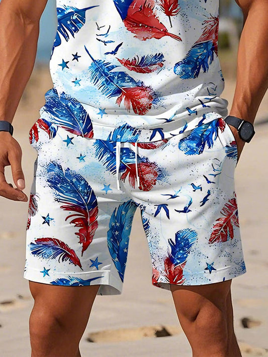 Independence Day American Flag Feather Print Men's Print Pocket Shorts