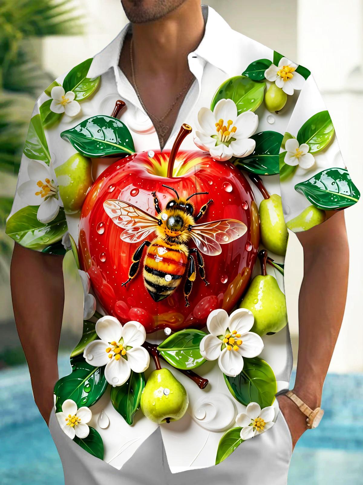 Red Apple Bee And Flowers Men's Pocket Short Sleeve Shirts