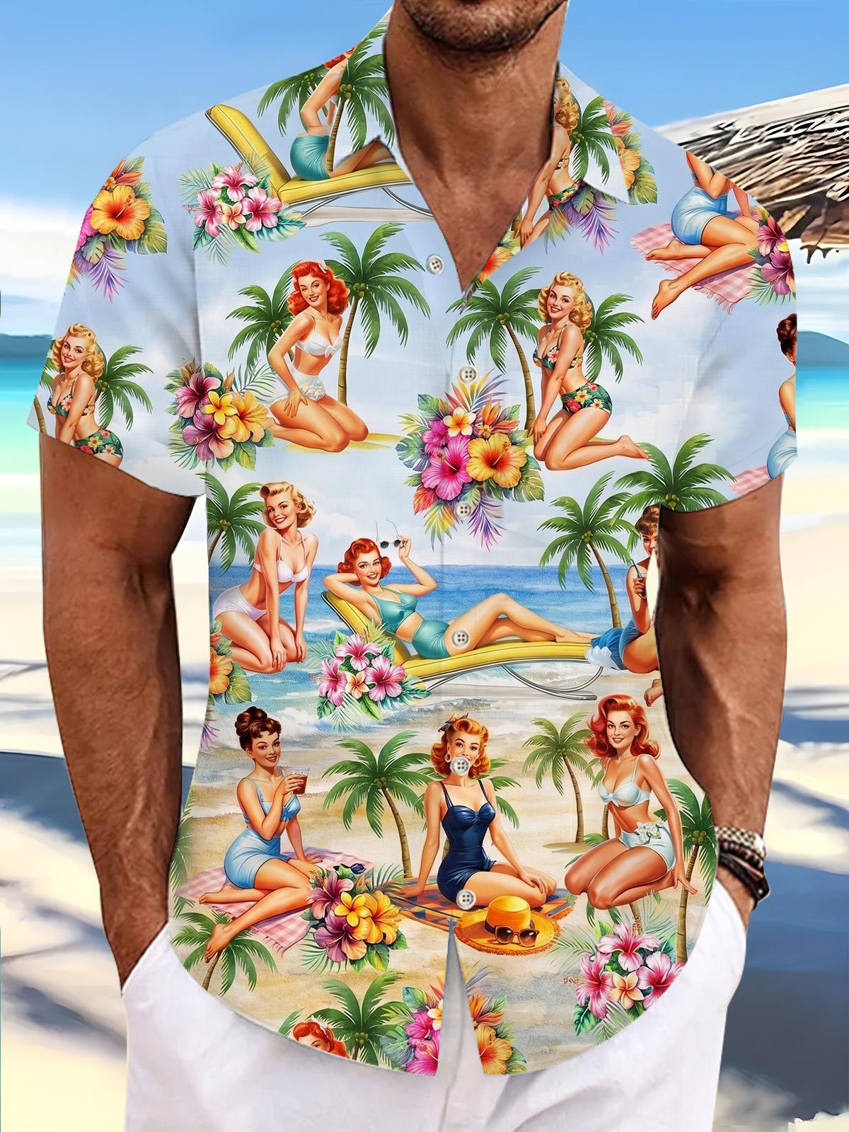 Hawaiian Beach Bikini Girls Print Men's Pocket Short Sleeve Shirts