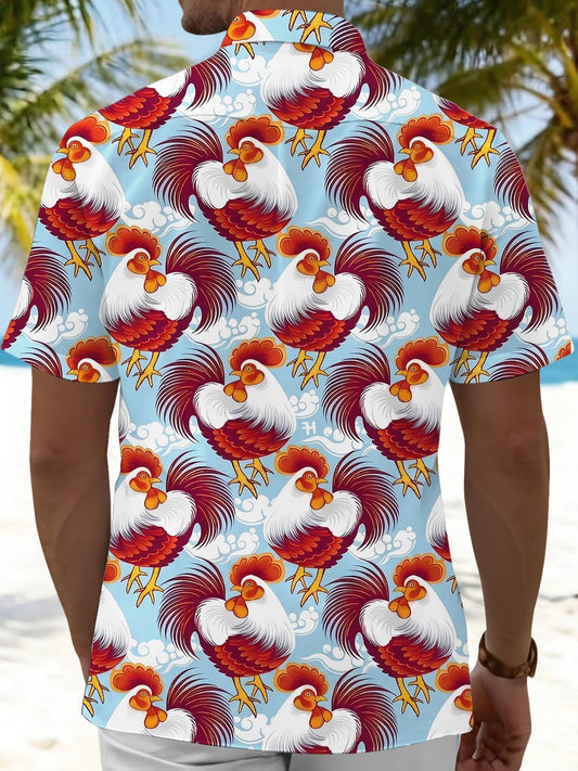 Rooster Print Men's Pocket Short Sleeve Shirts