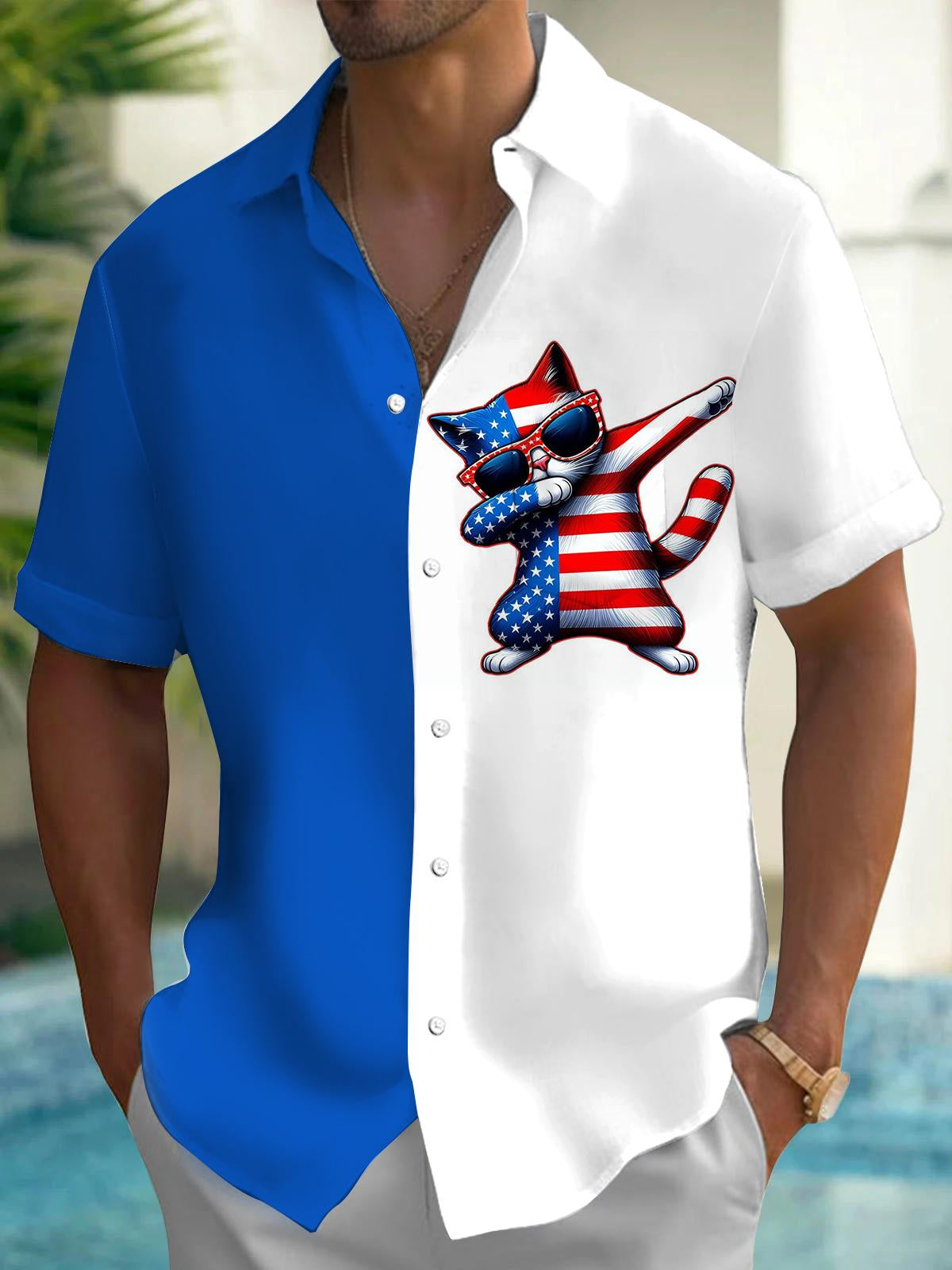 Independence Day American Flag Cat Funny Print Men's Pocket Short Sleeve Shirts