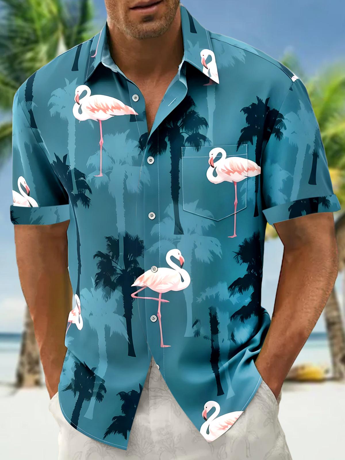 Hawaiian Coconut Tree Flamingo Men's Pocket Short Sleeve Shirts