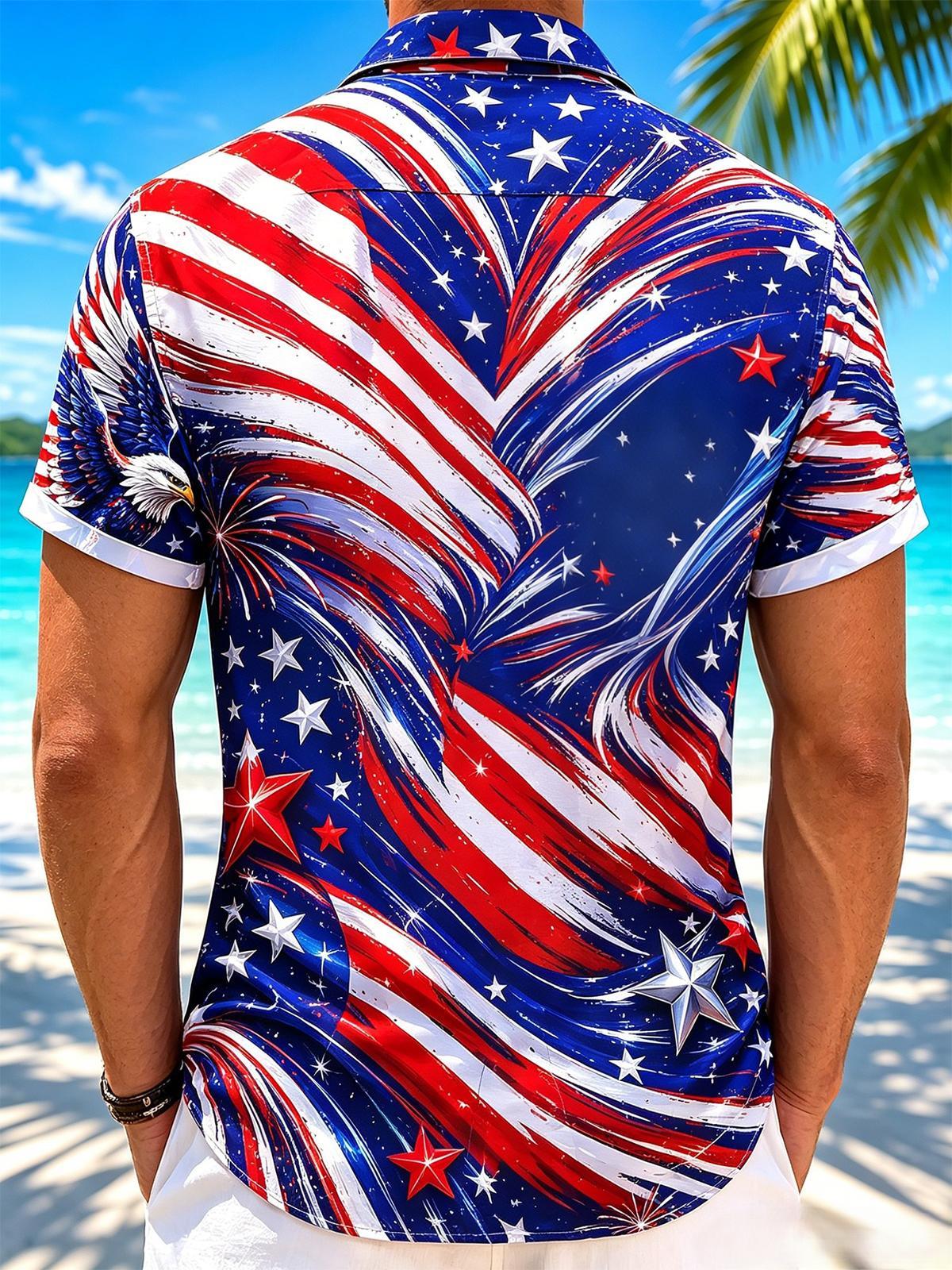 Funny American Eagle USA Flag Firework Independence Day Men's Pocket Short Sleeve Shirts