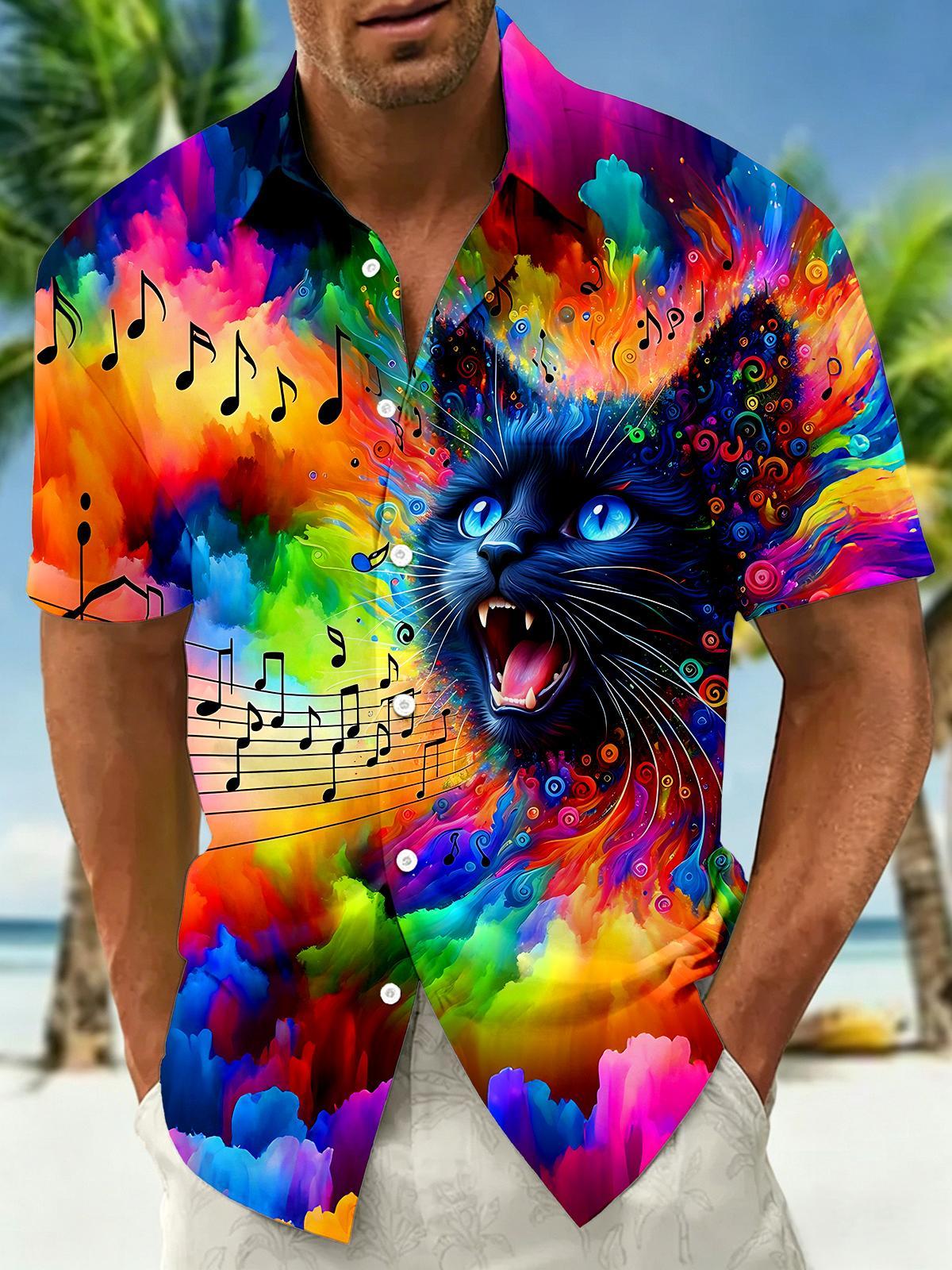 Colorful Tie-Dye Music Note Black Cat Men's Pocket Short Sleeve Shirts