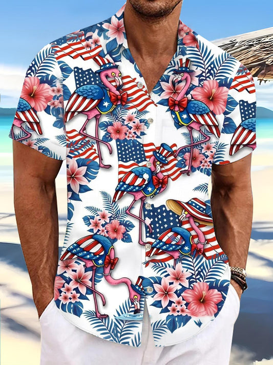 Independence Day Flamingo Flower Print Men's Pocket Short Sleeve Shirts