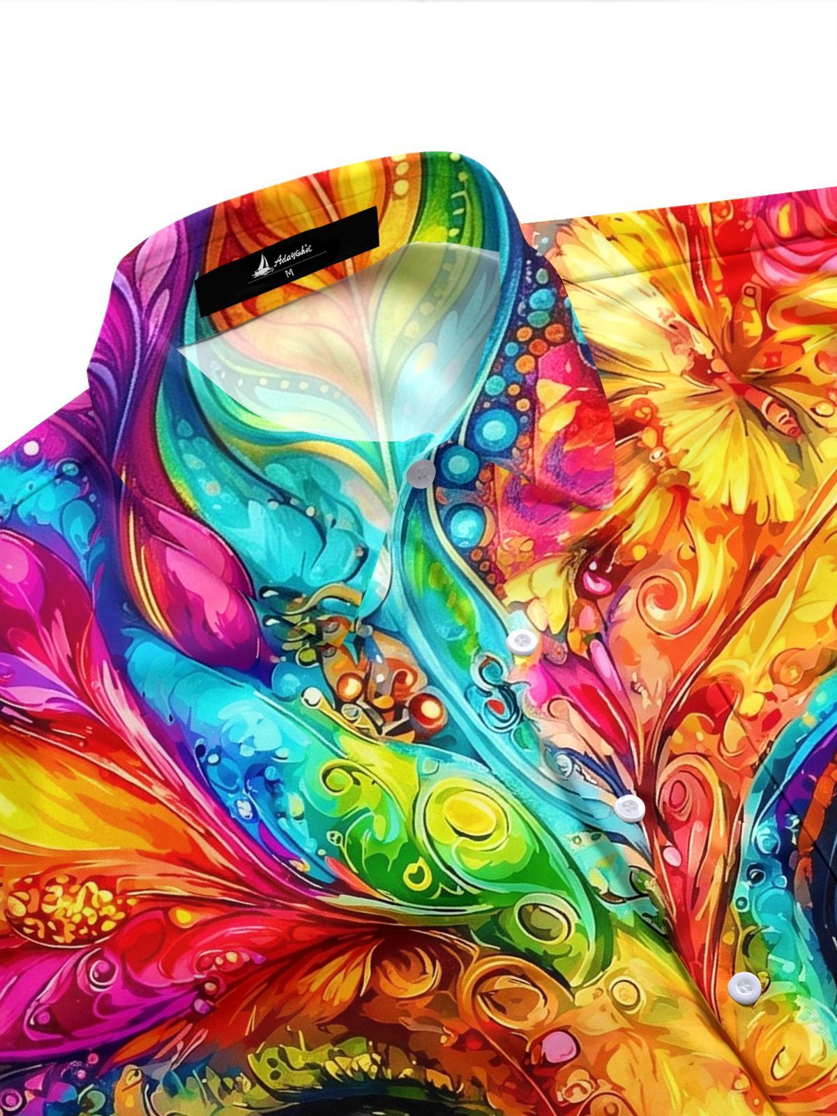 Psychedelic Colorful Cat Men's Pocket Short Sleeve Shirts