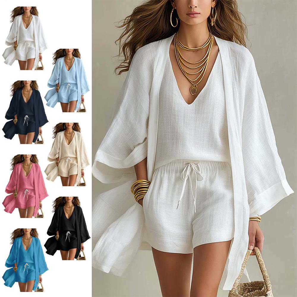 Womens 3 Piece Lounge Sets Breathable Loose Cardigan Sleeveless Tank Top Drawstring Shorts Sets for Travel elegant