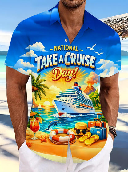 Hawaiian Cruise Ship Coconut Trees Beach Men's Pocket Short Sleeve Shirts