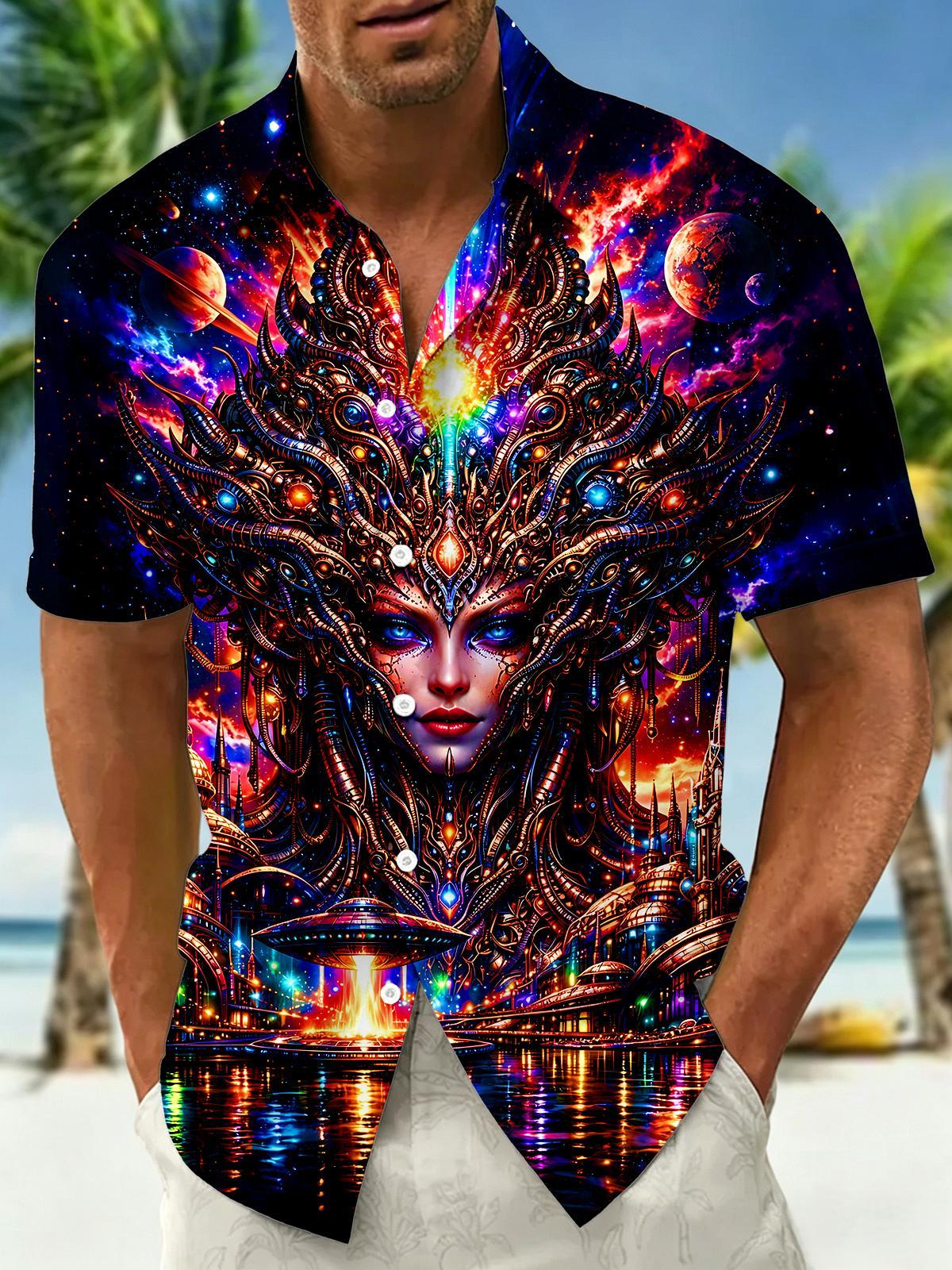 Dark Cyberpunk Colorful Cosmic Alien Men's Pocket Short Sleeve Shirts