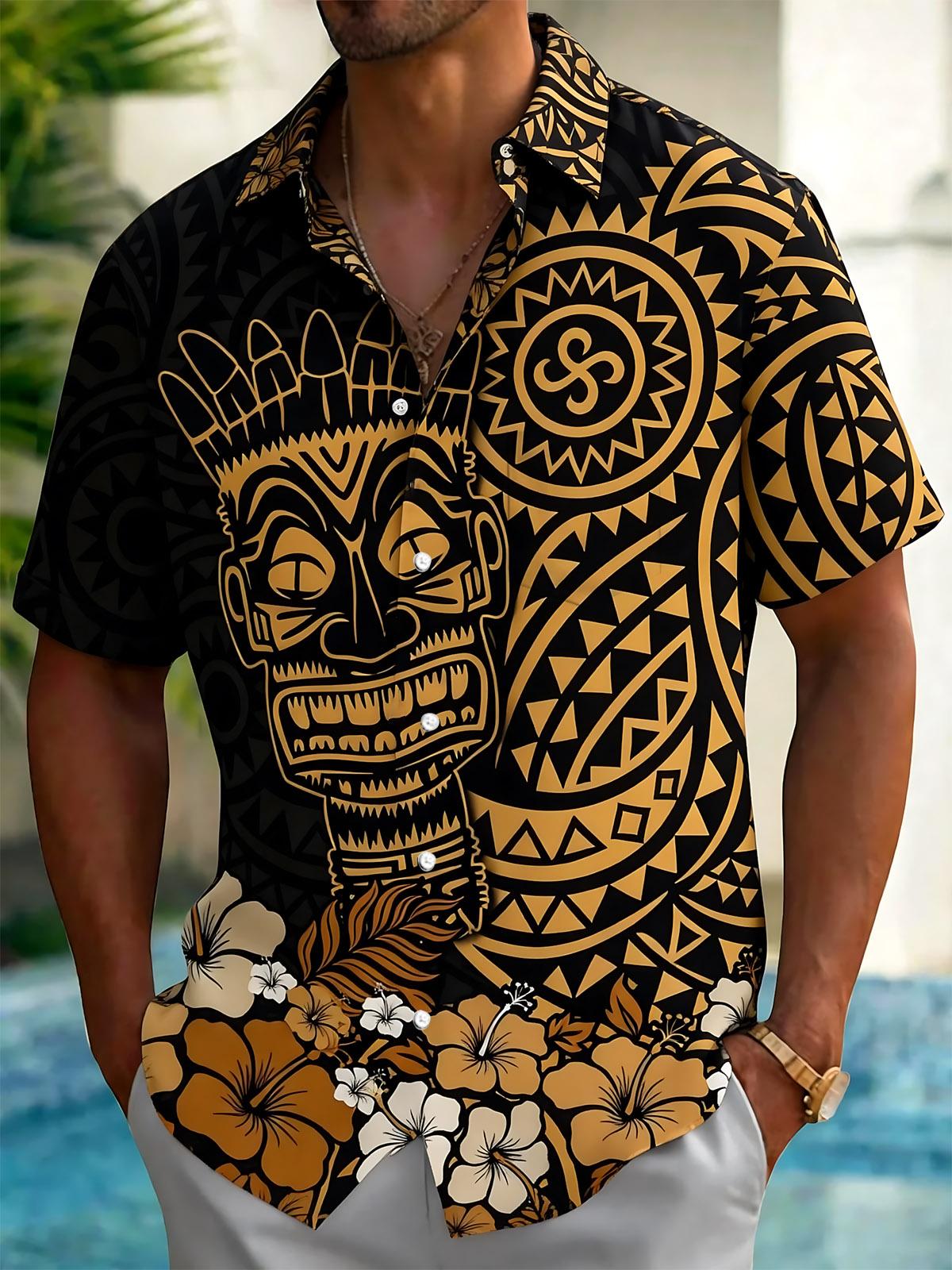 Hawaiian Tiki Flower Print Men's Pocket Short Sleeve Shirts