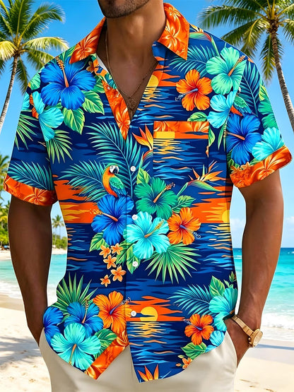 Hawaiian Tropical Floral Parrot Men's Pocket Short Sleeve Shirts