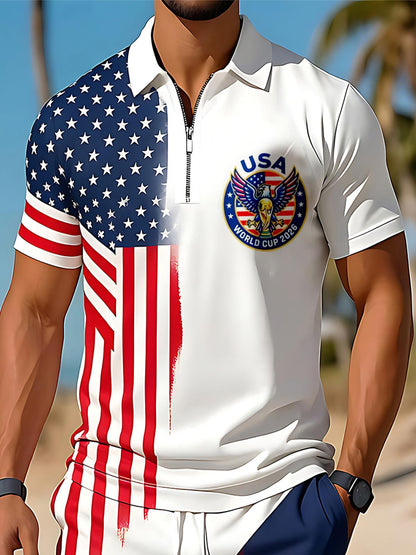 Independence Day American Flag Gradient Eagle Emblem Men's Short Sleeve Zipper Polo