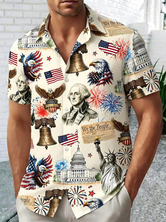 Independence Day American Flag Eagle Print Men's Pocket Short Sleeve Shirts
