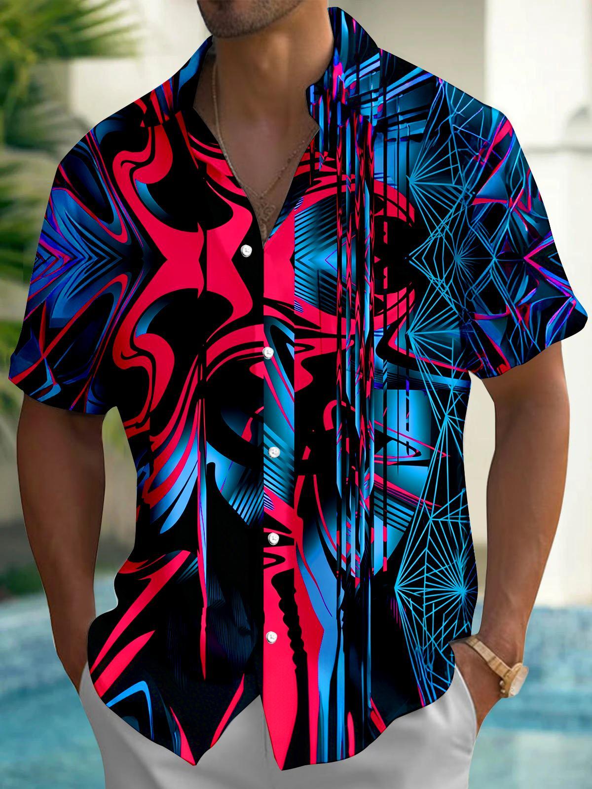 Red And Blue Abstract Geometric Line Art Men's Pocket Short Sleeve Shirts