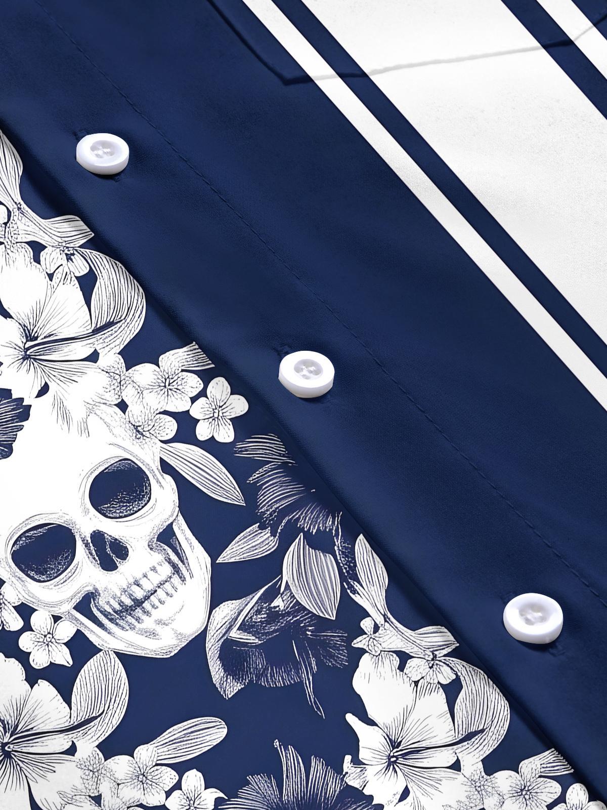 Skull Floral & Navy Stripe Patchwork Men's Pocket Short Sleeve Shirts