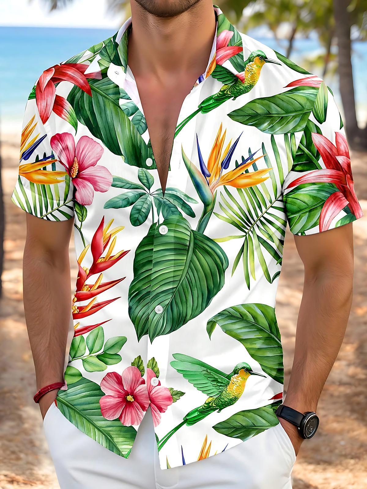 Hawaiian Hummingbird Floral Men's Pocket Short Sleeve Shirts