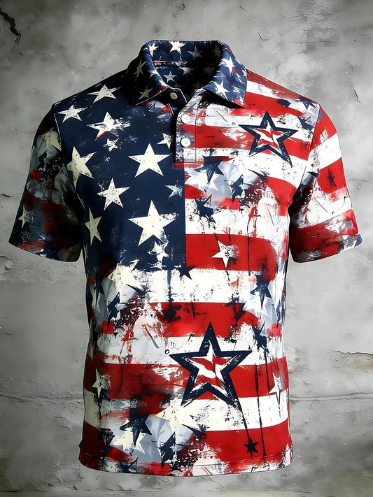 American Flag Men's Short Sleeve Button Polo Shirt