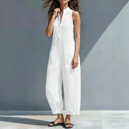 Sleeveless Jumpsuits for Women Button Front Stand Collar Sleeveless Loose Wide Leg Jumpsuit for Vacation charmingly