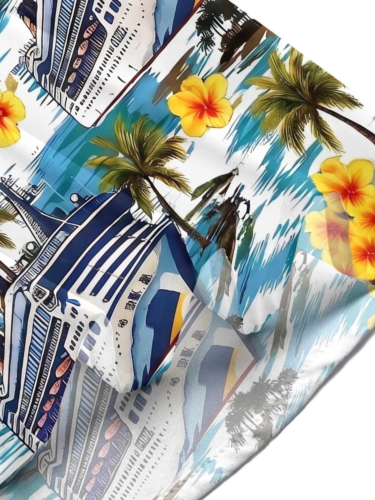 Hawaiian Vacation Cruise Palm Tree Flower Men's Pocket Short Sleeve Shirts