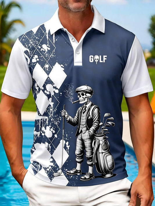 Skull Golf Geometric Print Men's Short Sleeve Button Polo Shirt