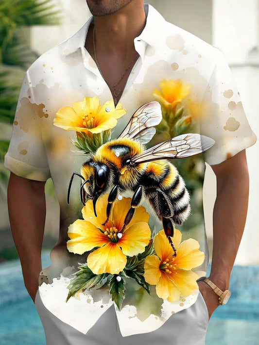 Hawaiian Bee Floral Men's Pocket Short Sleeve Shirts