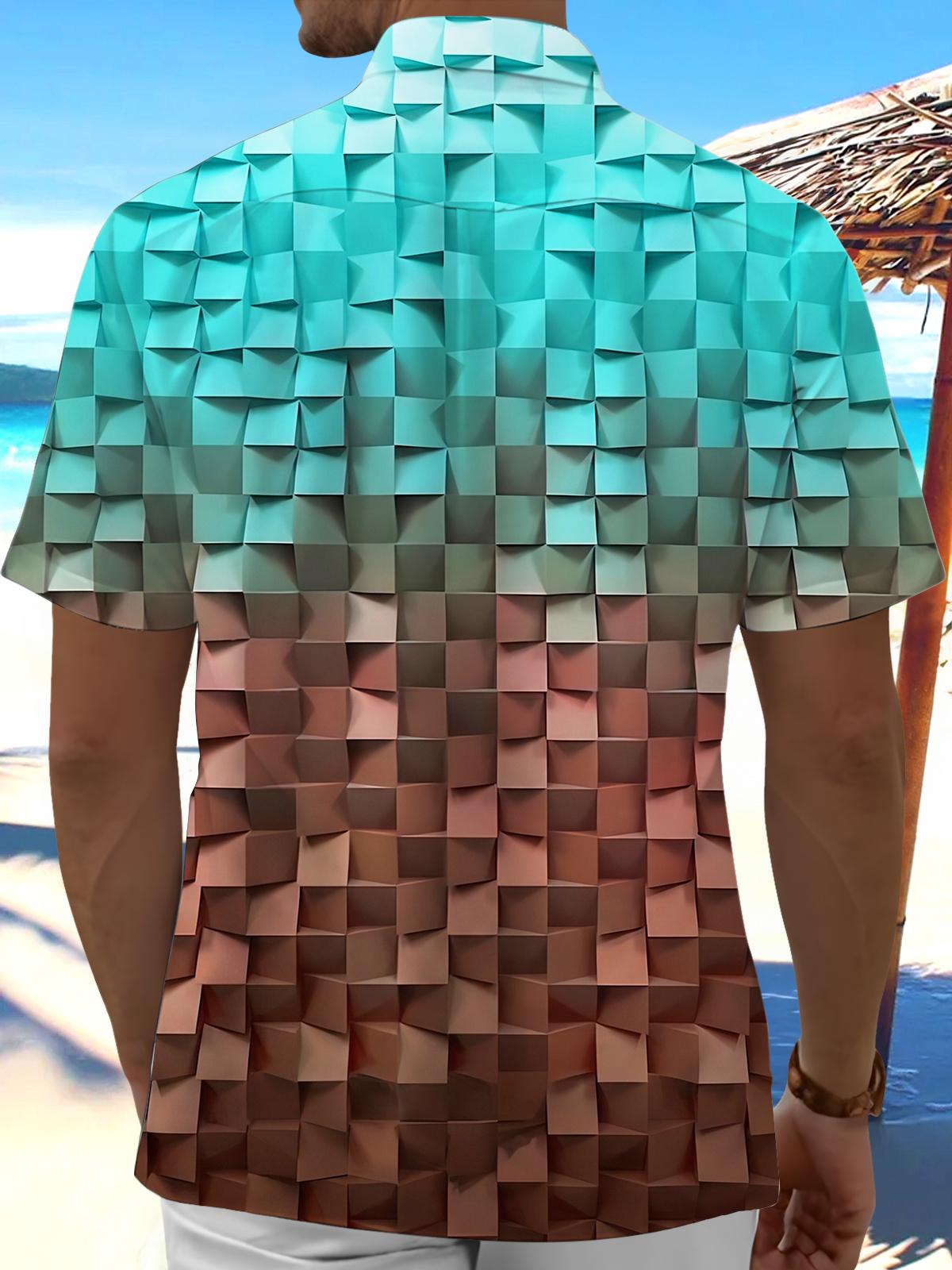 3D Cube Gradient Geometry Men's Pocket Short Sleeve Shirts