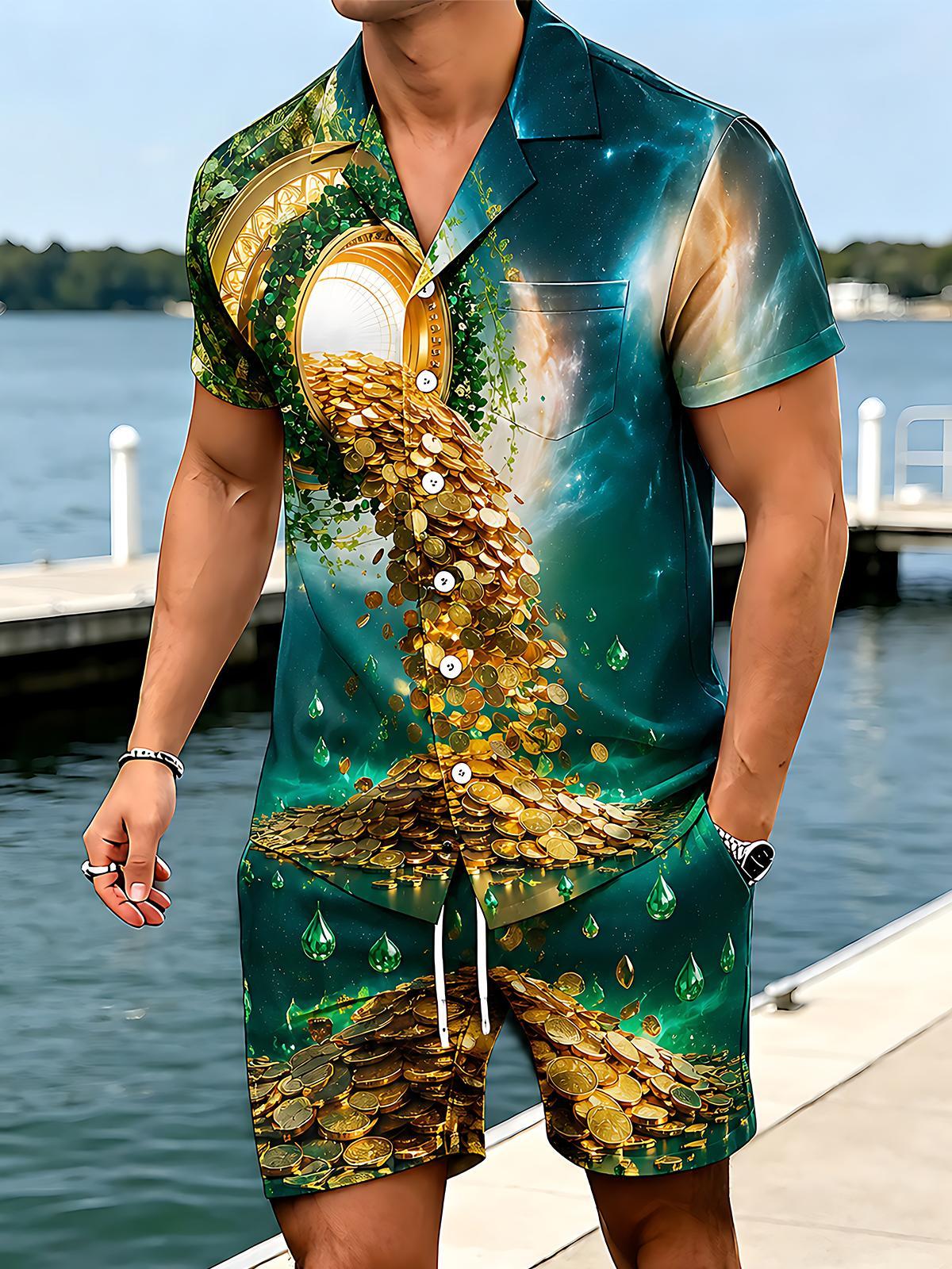 Gold Coins Rich Men's Short Sleeve Cuban Collar Pocket Shirts And Shorts Set