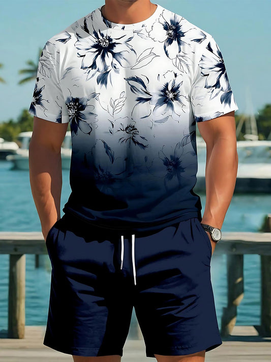 Floral Men's Short Sleeve Round Neck T-shirt And Shorts Set