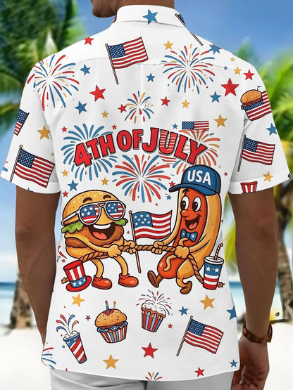 Independence Day 4Th Of July Hamburger And Hot Dog Fun Tug-Of-War Men's Pocket Short Sleeve Shirts