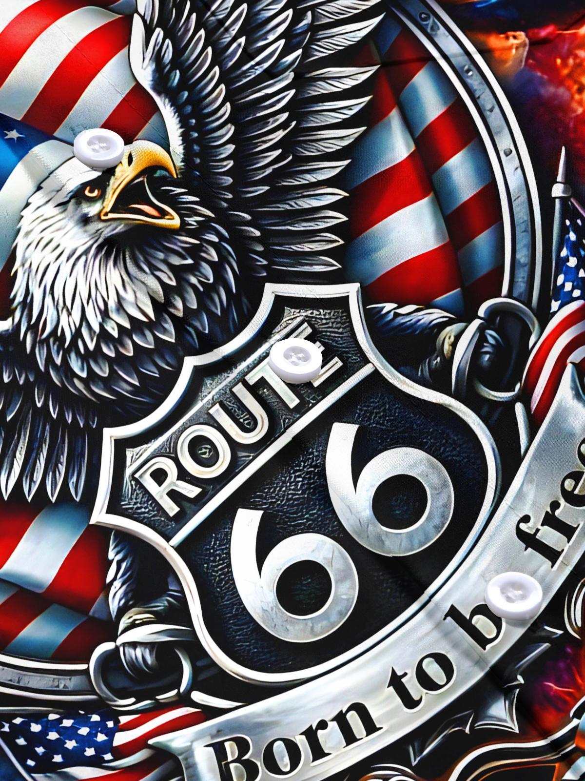 Dark Route 66 Skull Motorcycle Men's Pocket Short Sleeve Shirts