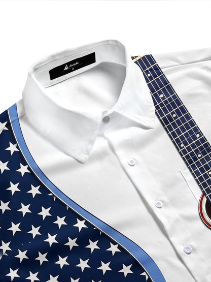 American Flag Guitar Print Men's Pocket Short Sleeve Shirts