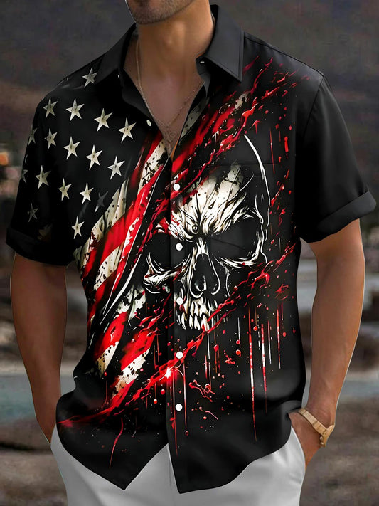 American Flag Skull Men's Pocket Short Sleeve Shirts
