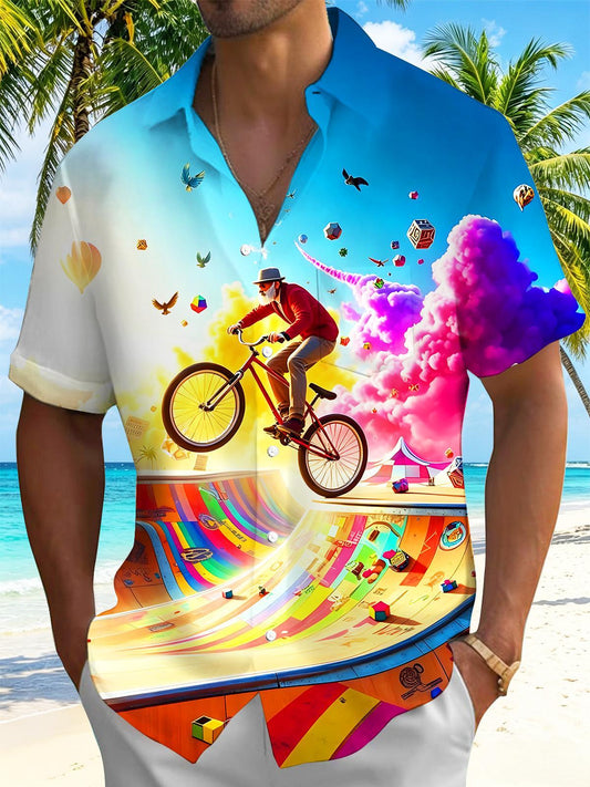 Colorful Skate-park Cyclist Bicycle Parkour Sports Men's Pocket Short Sleeve Shirts