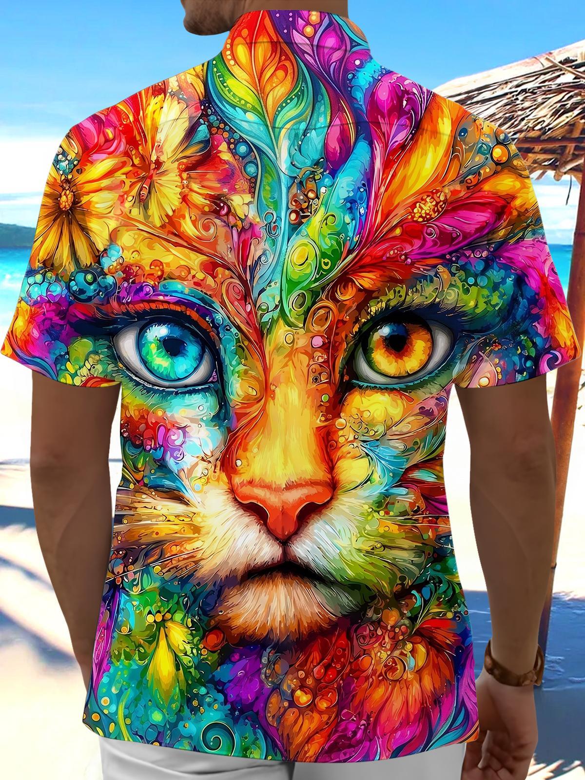 Psychedelic Colorful Cat Men's Pocket Short Sleeve Shirts