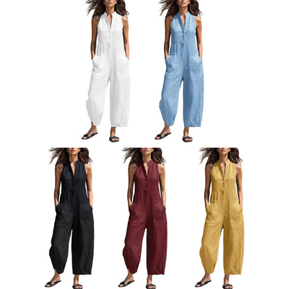 Sleeveless Jumpsuits for Women Button Front Stand Collar Sleeveless Loose Wide Leg Jumpsuit for Vacation charmingly