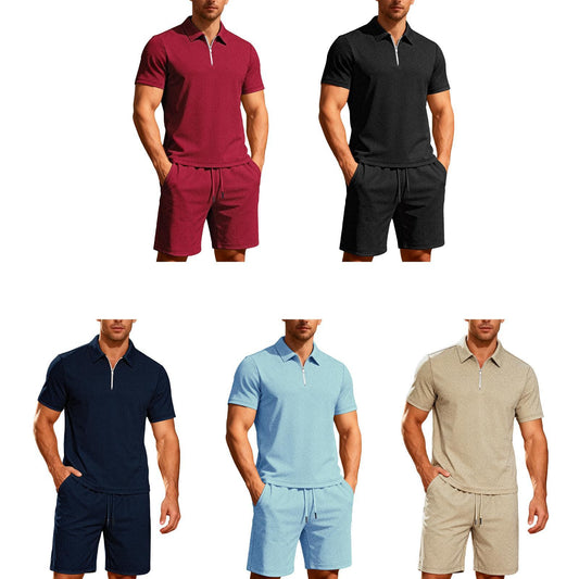 Mens Short Sets 2 Piece Outfits Textured 2 Piece Short Sleeve Collared Quarter Zip Sweatsuit Sets for Travel efficient