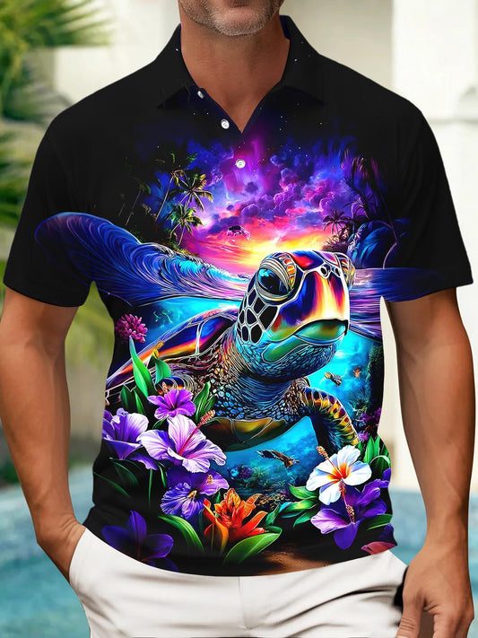 Hawaiian Sea Turtle Men's Short Sleeve Button Polo Shirt