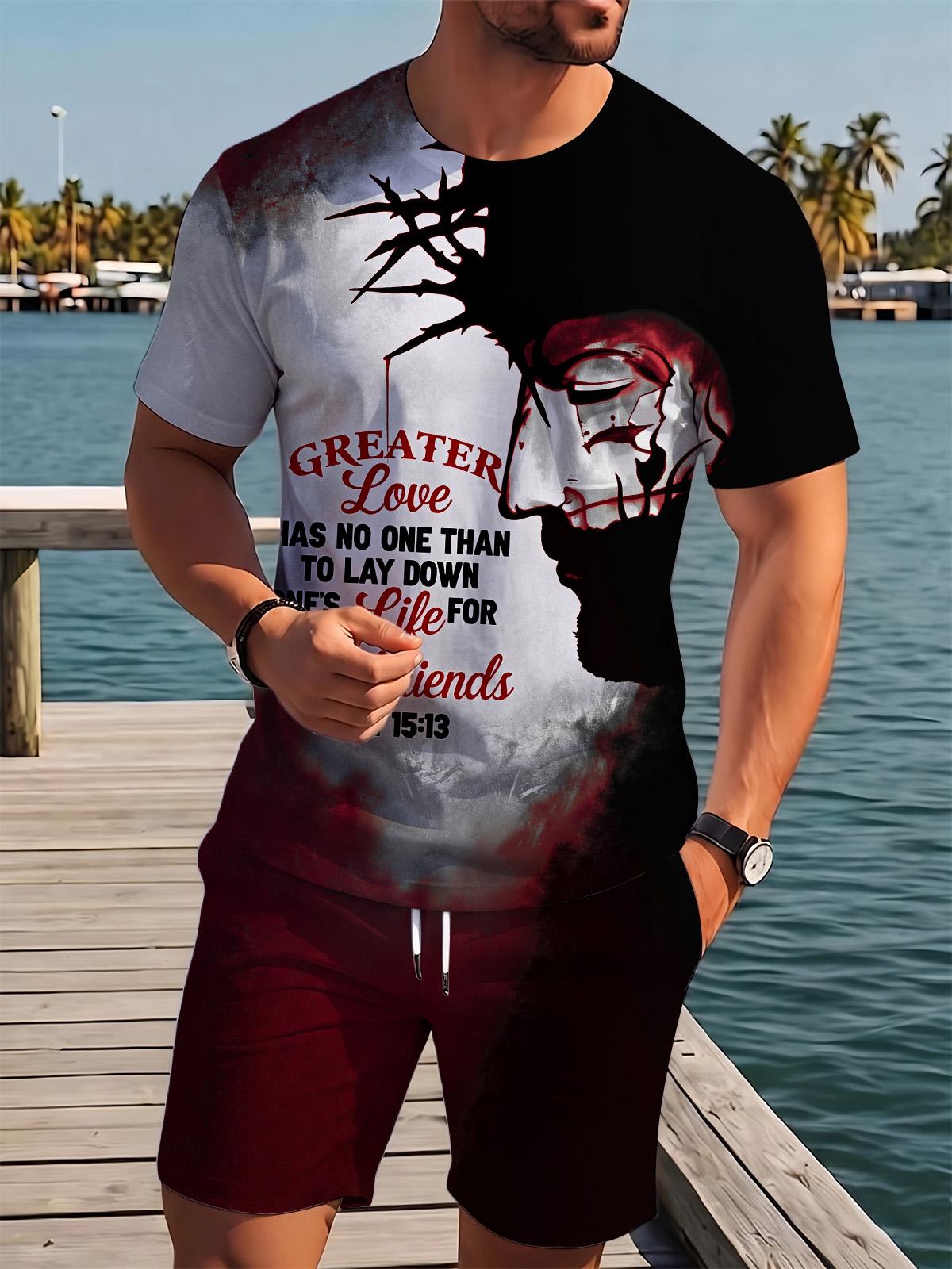 Religious Jesus Print Men's Short Sleeve Round Neck T-shirt And Shorts Set