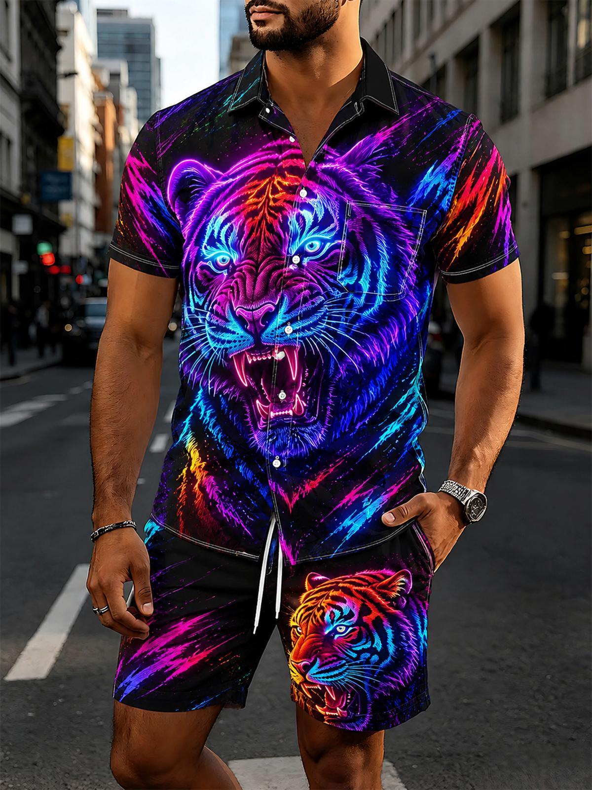 Neon Colorful Tiger Men's Short Sleeve Pocket Shirts And Shorts Set