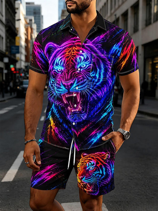 Neon Colorful Tiger Men's Short Sleeve Pocket Shirts And Shorts Set