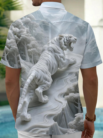 Embossed Forest Tiger Art Print Men's Pocket Short Sleeve Shirts