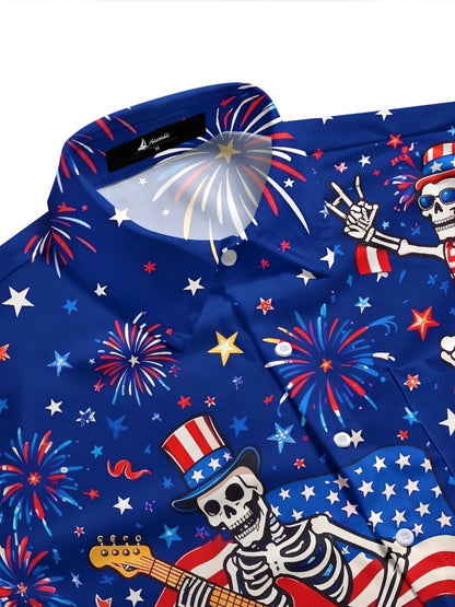 USA Flag Skeleton Guitar Eagle Independence Day Men's Pocket Short Sleeve Shirts