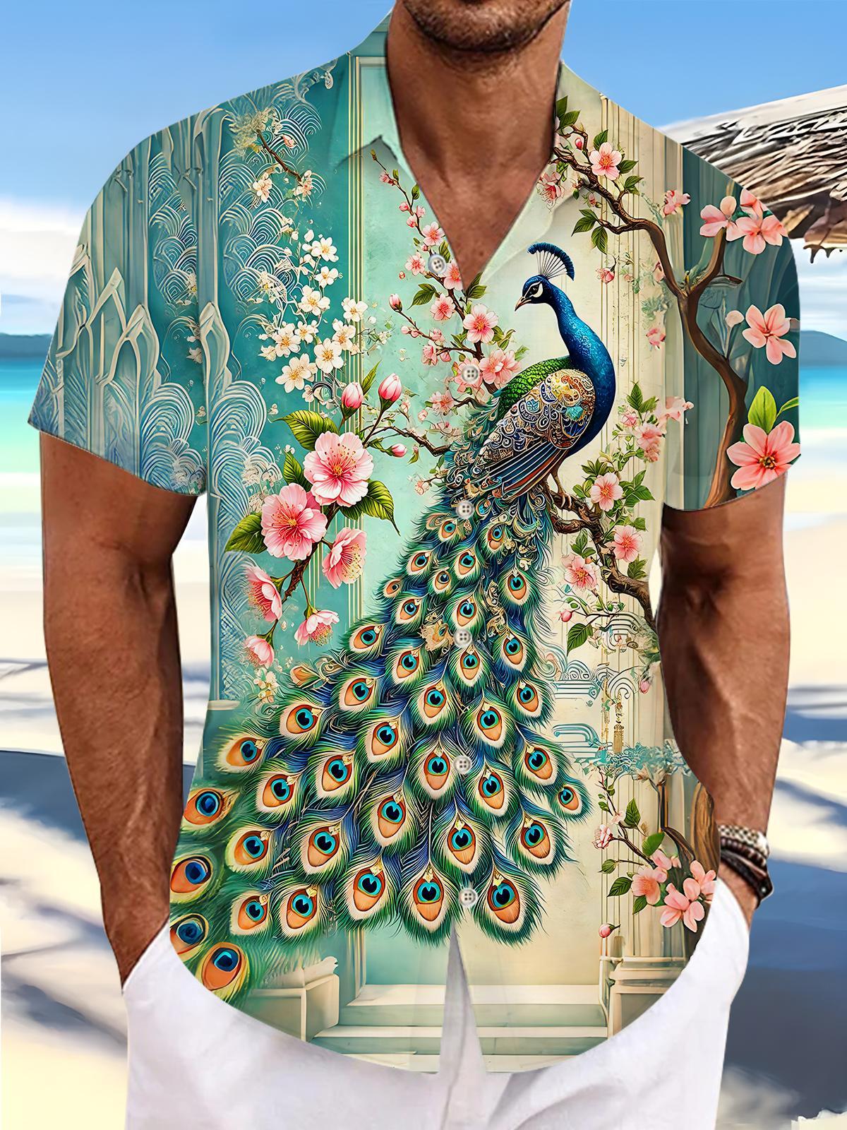 Art Peacock Cherry Blossom Floral Men's Pocket Short Sleeve Shirts