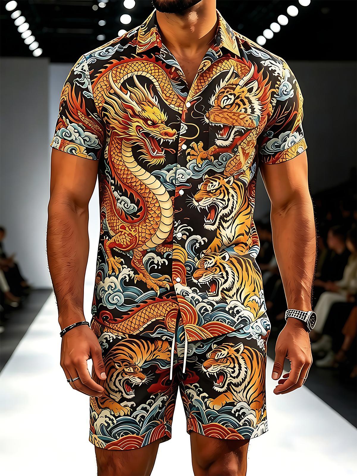 Dragon And Tiger With Ocean Waves Men's Short Sleeve Pocket Shirts And Shorts Set
