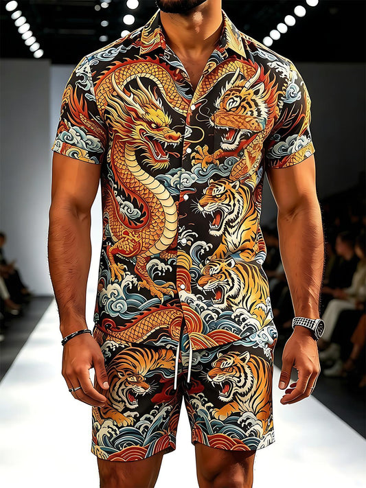 Dragon And Tiger With Ocean Waves Men's Short Sleeve Pocket Shirts And Shorts Set