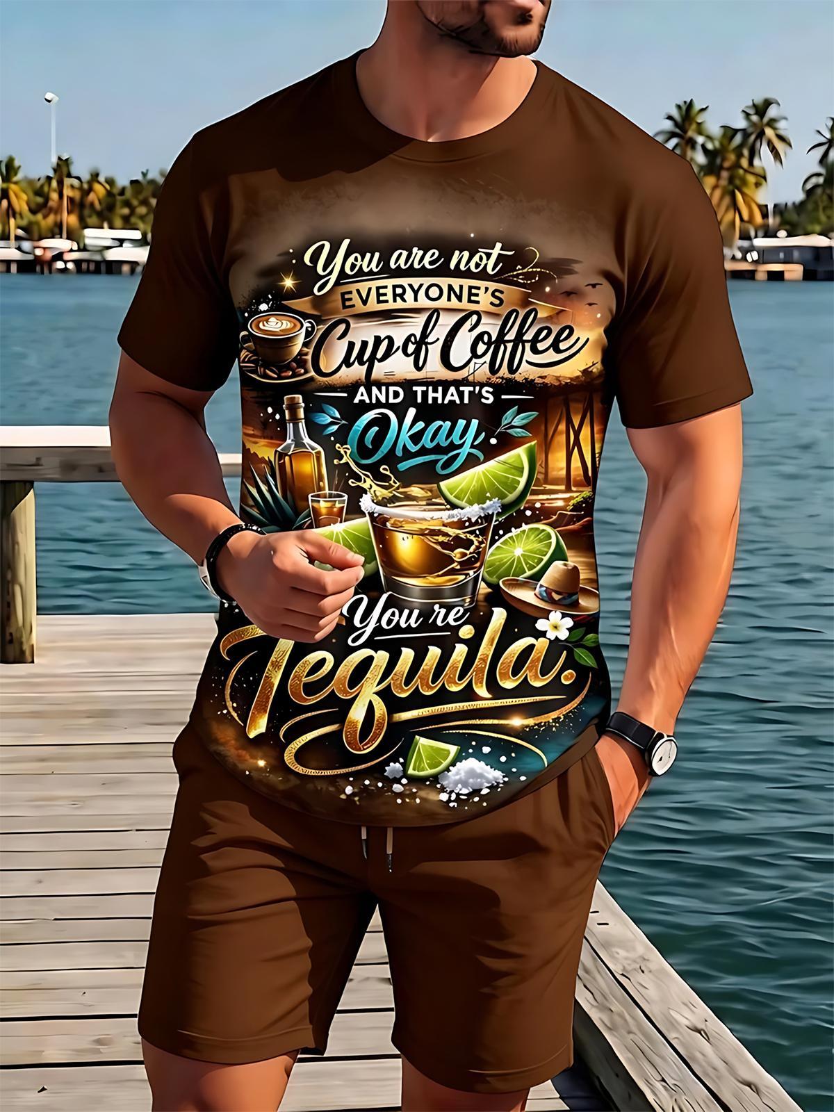Hawaiian Men's Short Sleeve Round Neck T-shirt And Shorts Set