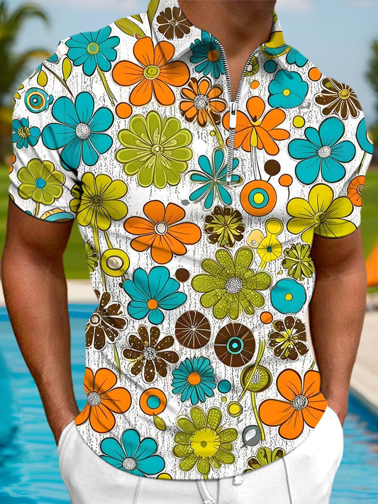Floral Men's Short Sleeve Zipper Polo