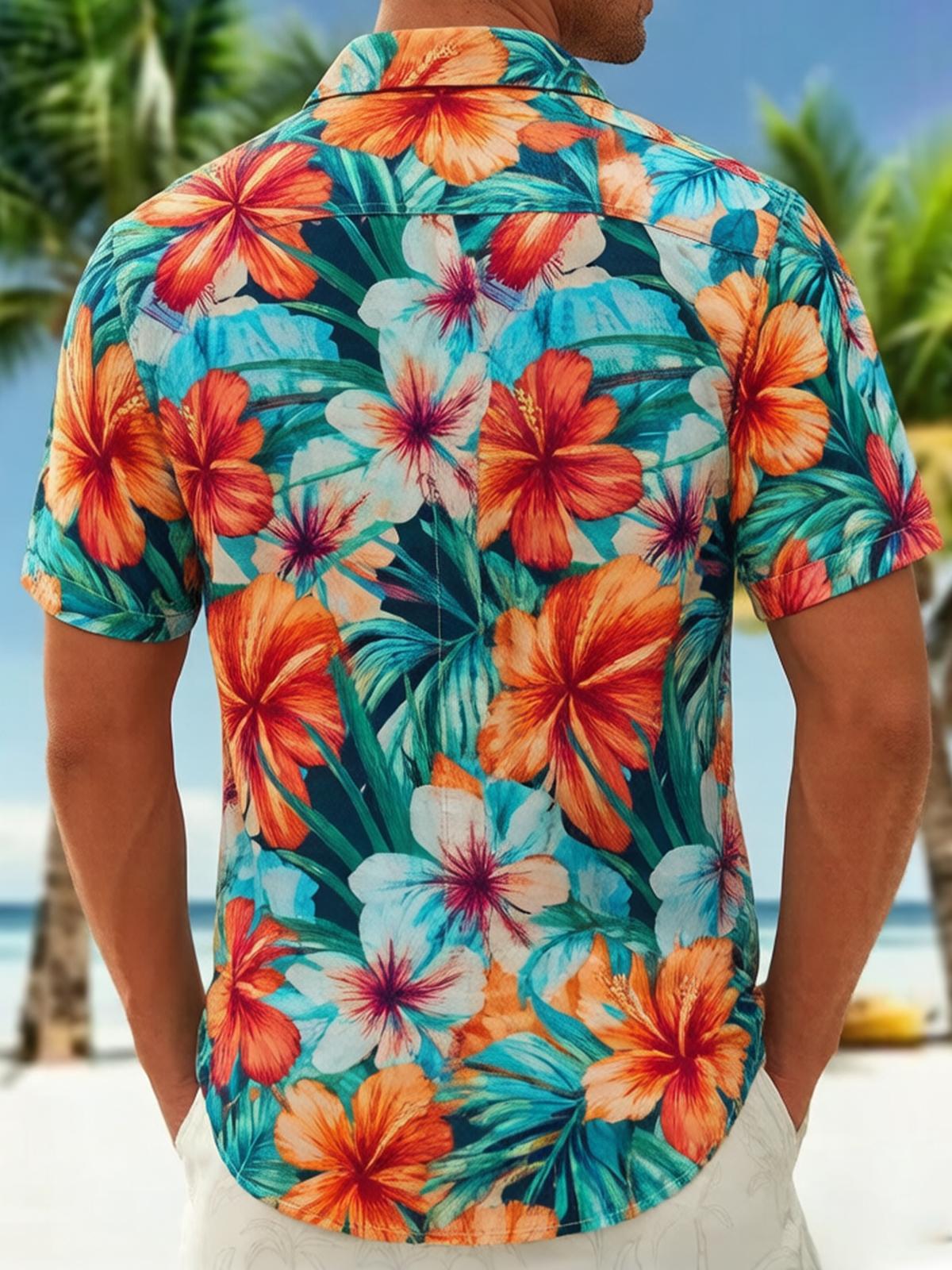 Fun Hawaiian Tropical Flower Muscle Illusion Men's Pocket Short Sleeve Shirts