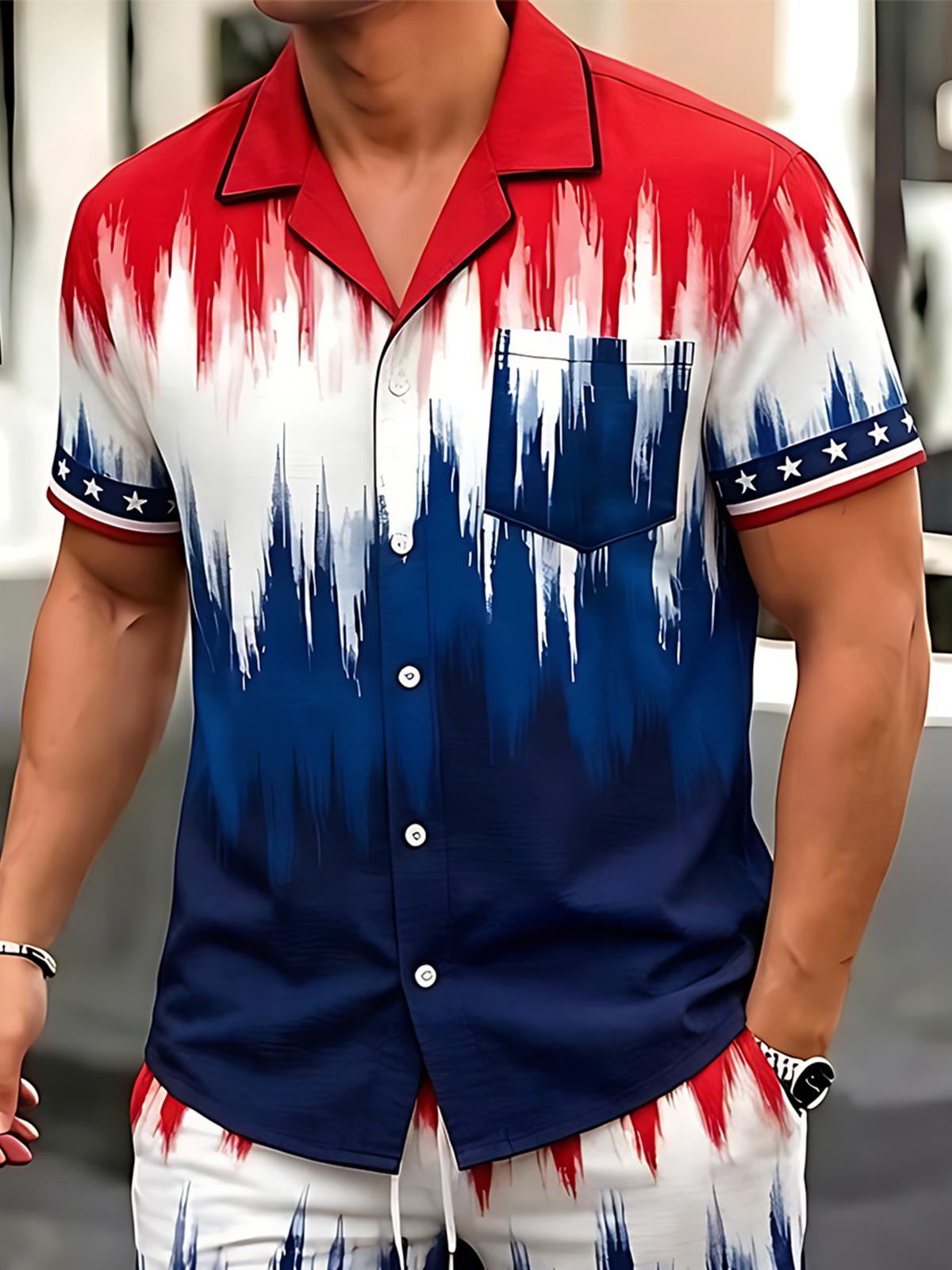 Independence Day American Flag Gradient Tie Dye Men's Pocket Short Sleeve Shirts