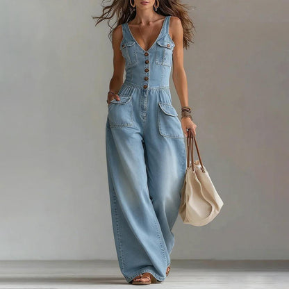 Denim Jumpsuits for Women V Neck Mid Waist Denim Sleeveless Wide Leg Jumpsuit with Pocket for Daily Wear unusual